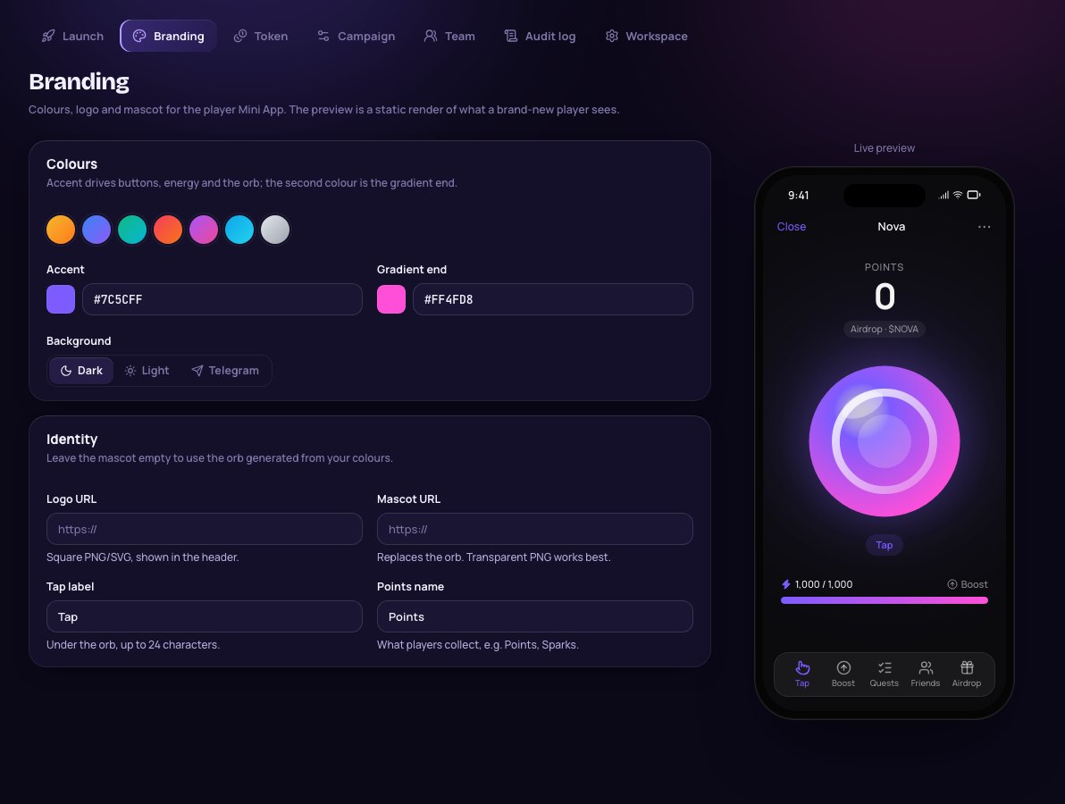 Branding tab: accent and gradient-end colours, dark, light or Telegram background, logo and mascot URLs, tap label and points name, with a live phone preview