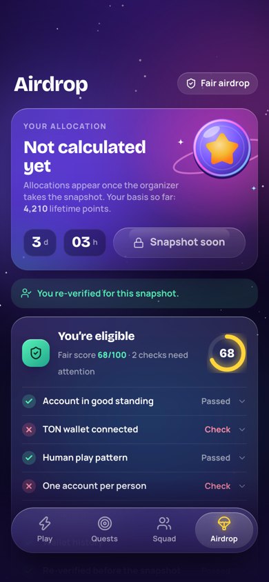 Airdrop tab, the Fairness Center